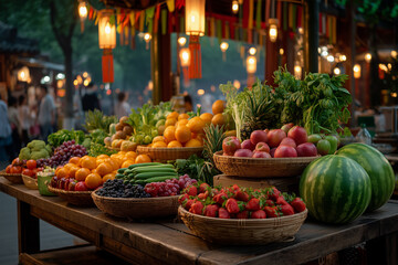 Naklejka premium Abundant Fresh Fruit and Vegetable Display at a Vibrant Evening Street Market