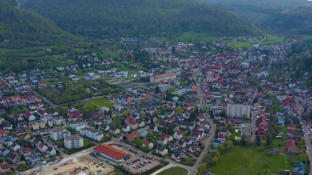 Aerial view of the city  Heubach in Germany on a sunny spring day 