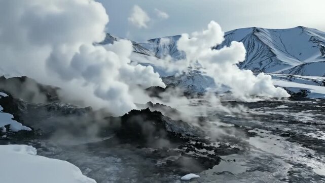 Geothermal Steam Vents in Snowy Iceland Landscape, Natural Power Energy