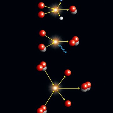 Nuclear reaction showing atomic fission with energy release and particle emission.
