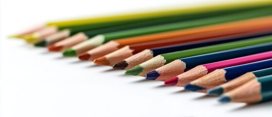 Fototapeta premium Vibrant Colored Pencils on White Background. Colored pencils arranged diagonally in a neat row isolated on white background ideal for art education and design with copy space for text.
