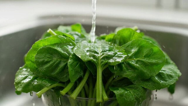Fresh spinach leaves being washed.