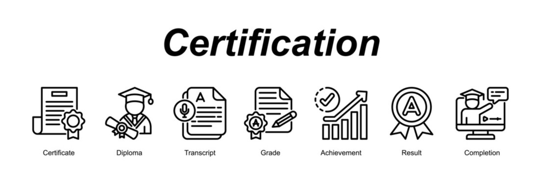Certification web banner icon concept for with icon of Certificate, Diploma, Transcript, Grade, Achievement, Result, Completion.