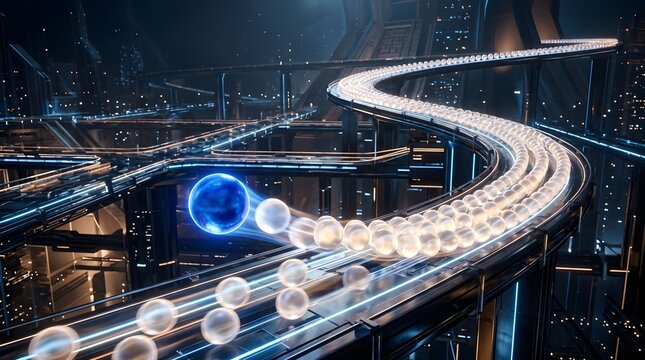 A futuristic transportation system with a glowing blue orb and numerous white orbs moving along a winding track at night