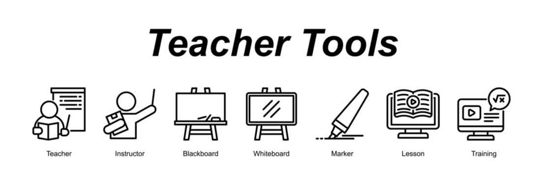 Teacher Tools web banner icon concept for with icon of Teacher, Instructor, Blackboard, Whiteboard, Marker, Lesson, Training.