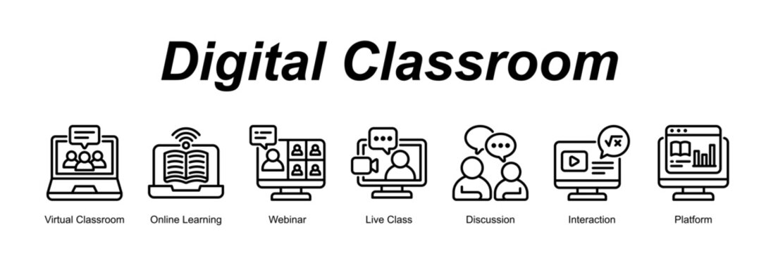 Digital Classroom web banner icon concept for with icon of Virtual Classroom, Online Learning, Webinar, Live Class, Discussion, Interaction, Platform.