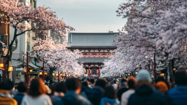 People enjoying sakura season, walking along nakamise dori towards the main gate of sensoji temple in asakusa, tokyo