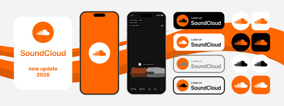 SoundCloud mobile UI mockup, music streaming app interface design, playlist and player templates, social media layout for audio content sharing and music disco