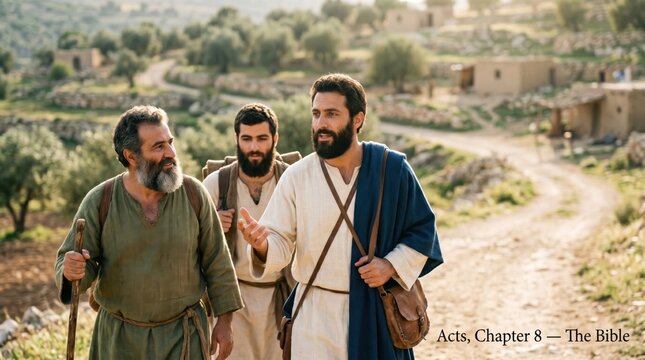 Apostle Philip walking with disciples and preaching biblical gospel. Men in historical robe traveling through Samaria landscape. Acts of the Apostles chapter 8 religious narrative scene.