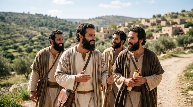 Men in biblical robes walking along a path in samaria. Apostles preaching the gospel in a village. Ancient mission journey and spiritual teaching. Scenes from the acts of the apostles.