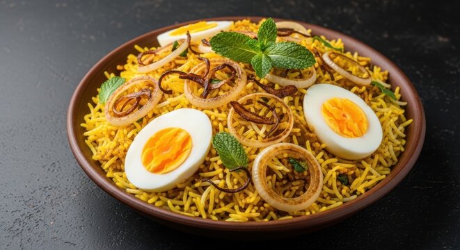 Delicious noodles with boiled eggs and herbs in a bowl