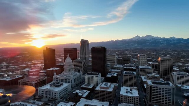 A stunning aerial view captures the Denver skyline bathed in the warm glow of a setting sun, showcasing the city's architectural grandeur against a backdrop of distant mountains.