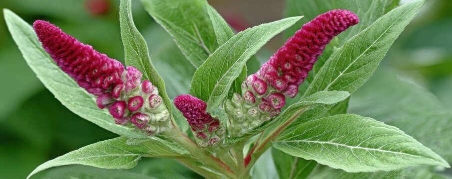 Vibrant magenta celosia spicata flowers blooming amidst lush green foliage in  garden setting