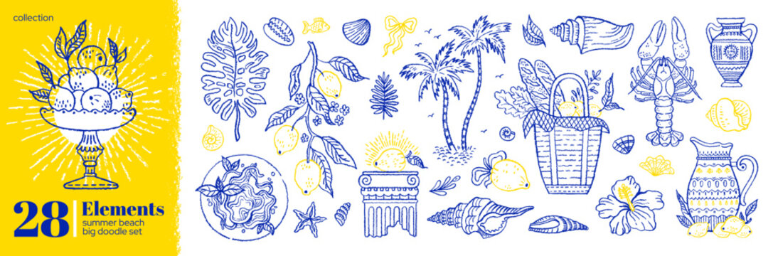 Summer icon. Lemon watercolor italian hand drawn set. Summer beach in Italy, Mediterranean sea vector sketch. Doodle icon with Italian Amalfi beach, lemon, sea food, wine, vacation illustration bg