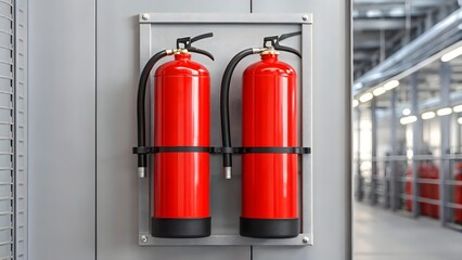 Obraz premium Two red fire extinguishers mounted on a grey wall safety equipment