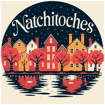 Vintage Style Illustration of Natchitoches Louisiana at Night with Festive Christmas Lights, Colorful Buildings, and Water Reflection in a Circular Badge Design