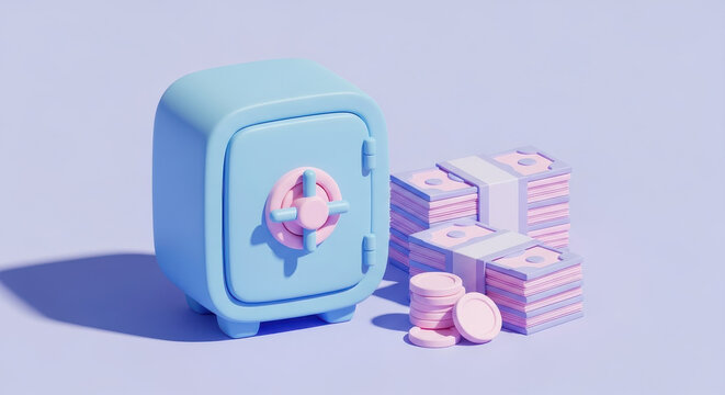 Secure safe with stacks of money and coins, representing financial security