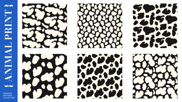 Animal spot seamless patterns in bold black and white for print. Cow and leopard animal skin in a modern monochrome collection. Hand drawn vector repeat background set with organic blob scatter motif.