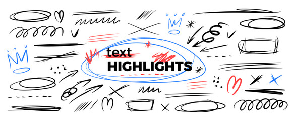 Obraz premium Text highlights hand-drawn set. Messy pen abstract emphasis doodles. Scribbles, expressive scratches set. Text highlight lines, circles, spontaneously underlines scrawl. Vector pencil brush tangles.