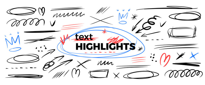 Text highlights hand-drawn set. Messy pen abstract emphasis doodles. Scribbles, expressive scratches set. Text highlight lines, circles, spontaneously underlines scrawl. Vector pencil brush tangles.