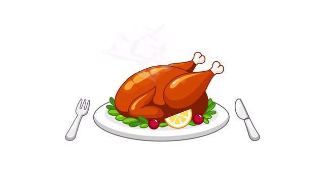 Roast chicken food concept, delicious whole grilled chicken served on plate with vegetables and lemon, flat 2d illustration isolated on transparent background with alpha channel