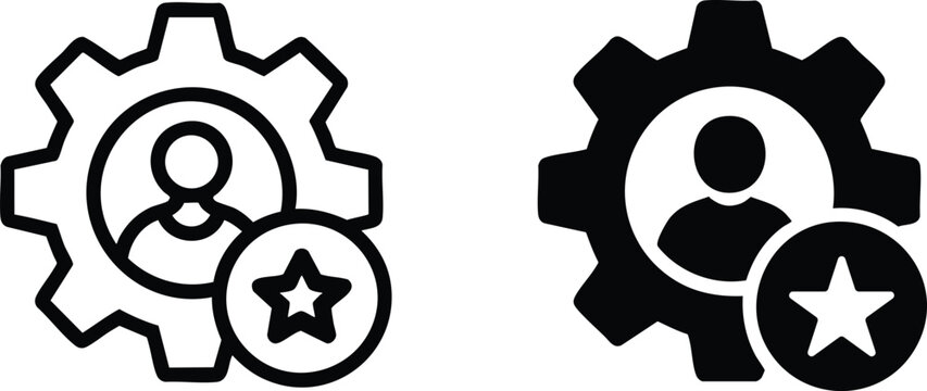 User Skills and Professional Excellence Icons: Gear with Star and Person Silhouette, Monochrome Graphic Set Representing Expertise, Technical Proficiency, and Human Resources, vector, illustration.