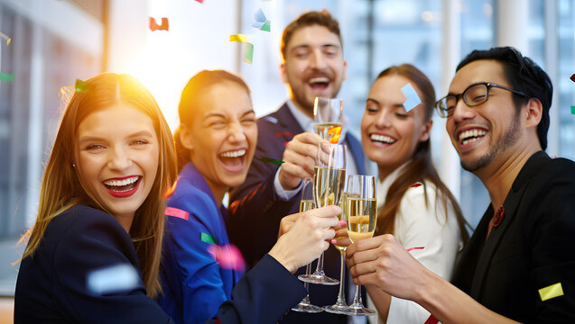 Group of happy business colleagues toasting with champagne glasses at a celebration