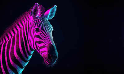 Obraz premium Neon Zebra Portrait in Vibrant Pink and Blue Luminescent Lighting Representing Futuristic Wild Animal Beauty