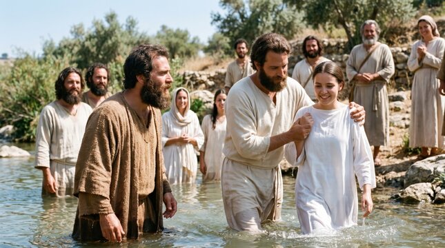 Apostle Philip baptizing young woman in river. Biblical scene based on Acts 8. Religious event showing conversion and immersion ritual for faith. Ancient Middle Eastern historical reenactment.