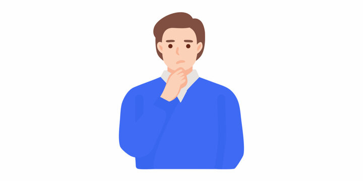 man with brown hair in blue sweater thinking pose