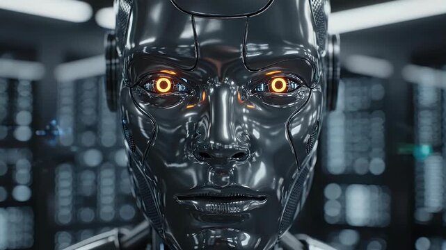 A highly detailed close-up showcases the metallic face of a futuristic robot with glowing orange eyes, set against a blurred backdrop of complex machinery and technological infrastructure.