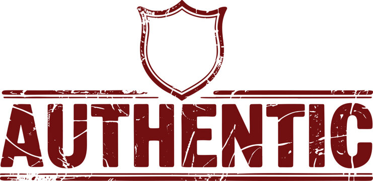 Maroon grunge authentic stamp featuring a shield emblem representing genuine quality and originality and trust