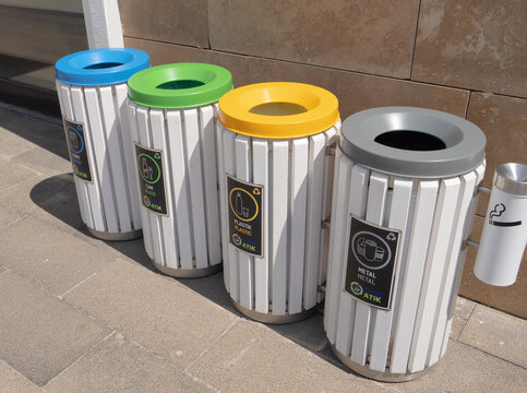 Belek, Turkey - March 30, 2026: Modern Eco-Friendly Recycling Containers for Effective Trash Sorting and Environmental Protection Concepts in Public Spaces