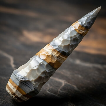 Cahokia chert drill tool replica with layered pattern isolated on transparent background