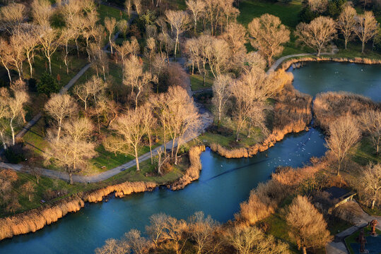 Blue river in a park from above. Aerial scene with bare trees and teal water in sunlight. 