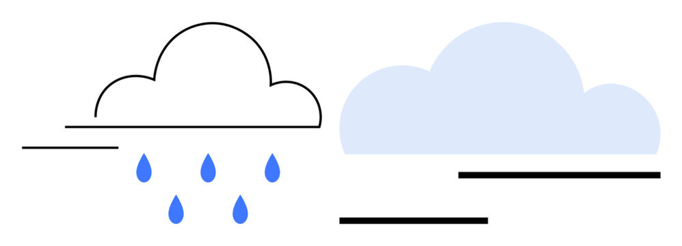 Weather forecast, meteorology, climate analysis, environmental graphics, nature-related symbols, visual communication. Simple line cloud with rain on the left, pale blue cloud on the right. Weather