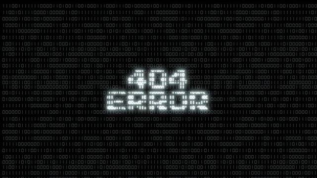 animated sign error 404 glow with binary code number background 4k video