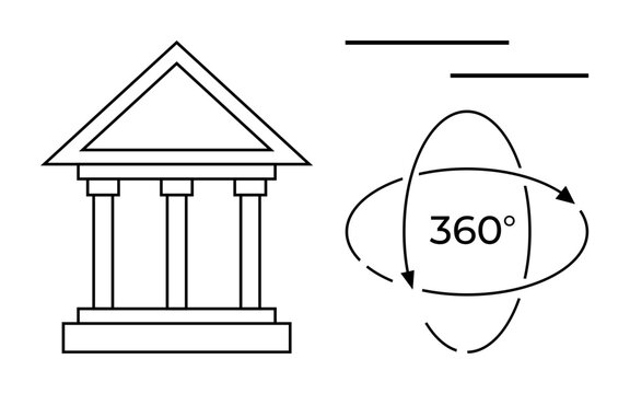 Virtual tours, cultural heritage, digital museum, online education, immersive experiences, tourism innovation. Classical museum building with 360-degree rotation arrows. Virtual tours and cultural