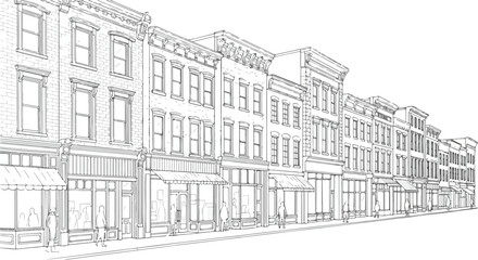 Obraz premium Sketch of Classic Urban Street with Shop Buildings Vector Illustration