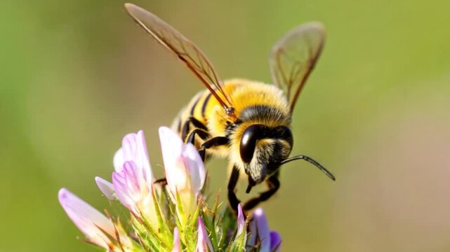 Close-up of a fuzzy honeybee collecting nectar from a delicate pink clover flower in soft natural light