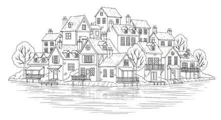 Fototapeta premium Charming Waterfront Village Line Art Vector Illustration Drawing