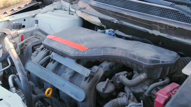 Gasoline car engine running under open hood, close-up of motor components in operation, automotive mechanics, maintenance and inspection, vehicle power system and performance in real conditions