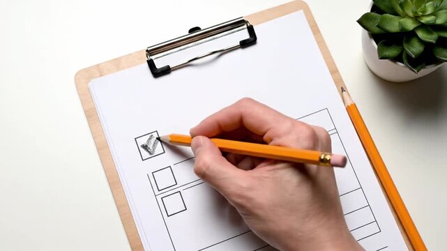 Hand with orange pencil checks off boxes on clipboard with blank checklist and succulent plant nearby