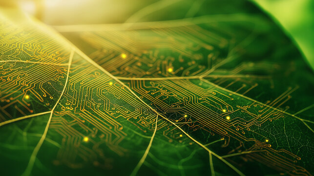 Green leaf surface with circuit board veins and glowing data nodes, symbolizing nature fused with digital technology, sustainable innovation and bio digital ecosystems