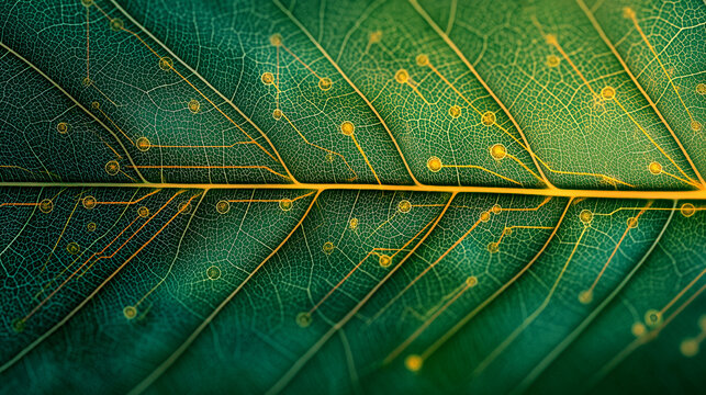 Green leaf veins transforming into a golden circuit board, symbolizing biotechnology, artificial intelligence, and the convergence of nature with advanced digital technology