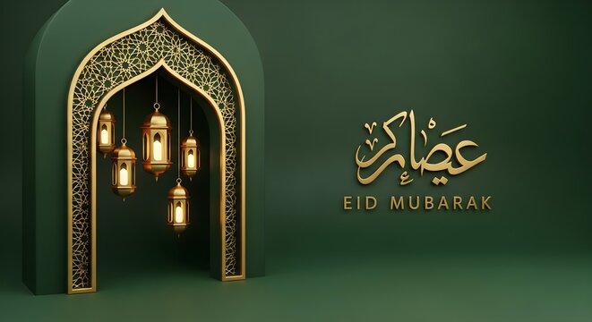 Luxury Eid Mubarak Banner with 3D Ornamental Arch Golden Lanterns and Arabic Calligraphy on Green Background

