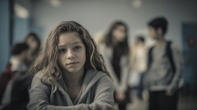 Unhappy teen girl feeling excluded and alone at school, sitting by herself while other children socialize in the blurred background, social isolation concept