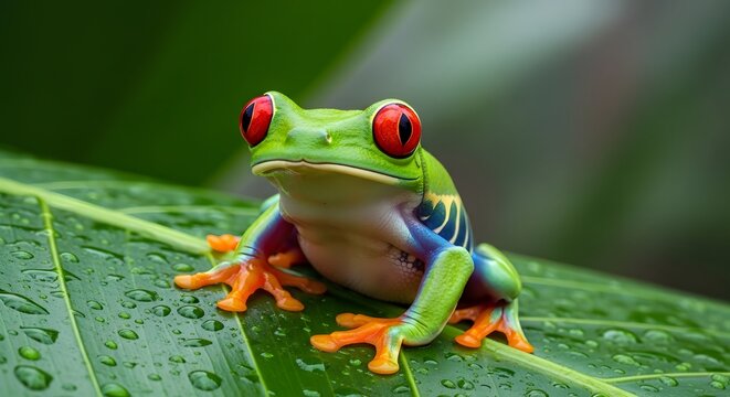 Red eyed tree frog sitting on a green leaf with water droplets in the forest