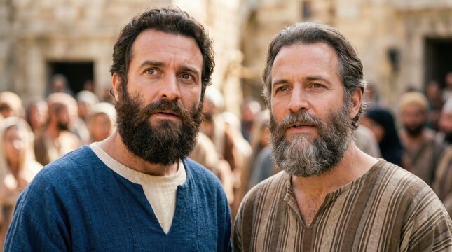 Apostles Peter and John standing before a crowd. Biblical characters preaching and spreading faith. Scenes from Acts of the Apostles in ancient Samaria. Religious historical drama.