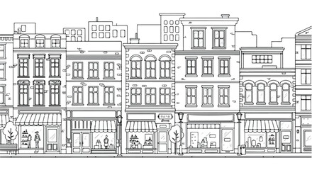 Obraz premium Urban City Street Vector Illustration With Shops And Buildings Outline